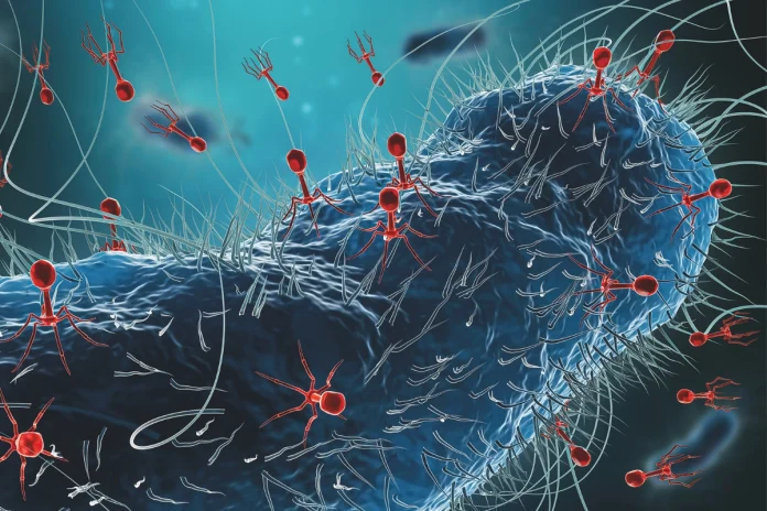 Illustration von Bakteriophagen, die eine Bakterienzelle angreifen – mögliche Alternative zu Antibiotika