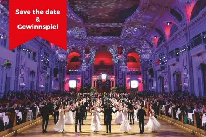 Ein festlich beleuchteter Ballsaal mit zahlreichen Debütantinnen und Debütanten, die in weißen Kleidern und schwarzen Smokings tanzen. Links oben befindet sich ein rotes Banner mit dem Text „Save the date & Gewinnspiel“.