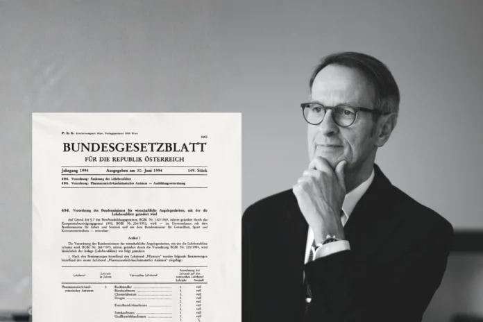Pharmazeutisches Ausbildungsgesetz 1994 im Bundesgesetzblatt und ein nachdenklicher Mann im Anzug – Symbolbild zur rechtlichen Entwicklung der PKA-Berufe