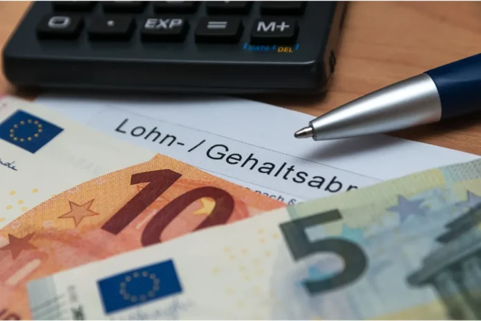 Euro-Banknoten, Taschenrechner und Lohnabrechnung als Symbol für Kollektivvertragsabschlüsse 2026 im Apothekenbereich