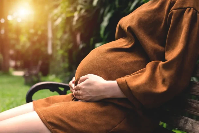 Schwangere Person sitzt auf einer Parkbank und hält mit beiden Händen ihren Babybauch, umgeben von grünem Garten und warmem Sonnenlicht.