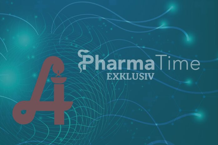 Apotheken-A auf digitalem Hintergrund mit Netzwerkstruktur und Lichtpunkten – Symbol für Digitalisierung und KI in der Pharmazie.