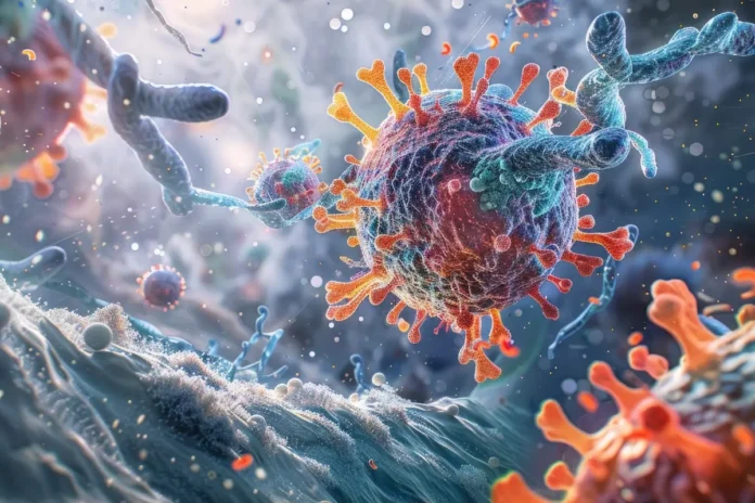 3D-Illustration eines Viruspartikels, das von Antikörpern in einer mikroskopischen Umgebung umgeben und angegriffen wird.