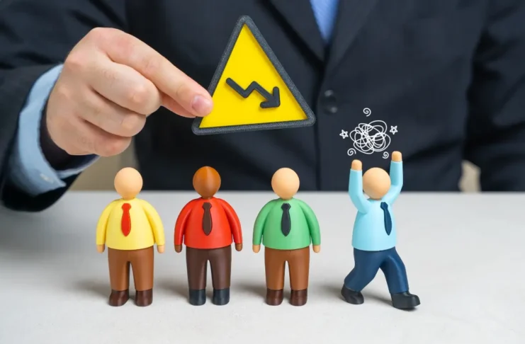 Hand eines Geschäftsmanns hält ein gelbes Warnschild mit fallendem Pfeil über vier Figuren; eine Figur wirkt gestresst und hebt die Arme.