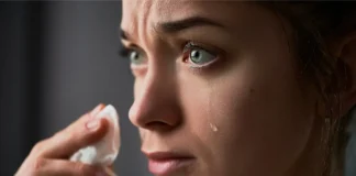 Nahaufnahme einer Frau mit Träne auf der Wange, die ein Taschentuch hält und traurig wirkt.