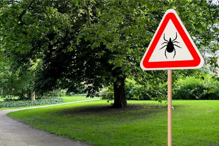 Warnschild mit Zeckensymbol am Rand eines Weges in einem grünen Park.