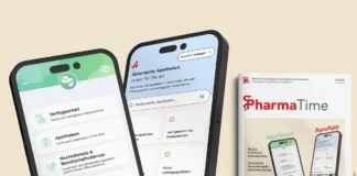 ApoScout und ApoApp als Smartphone-Apps zur Arzneimittelverfügbarkeit in Österreich, dargestellt auf zwei Mobilgeräten neben dem PharmaTime Magazin 5/2026