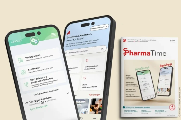 ApoScout und ApoApp als Smartphone-Apps zur Arzneimittelverfügbarkeit in Österreich, dargestellt auf zwei Mobilgeräten neben dem PharmaTime Magazin 5/2026