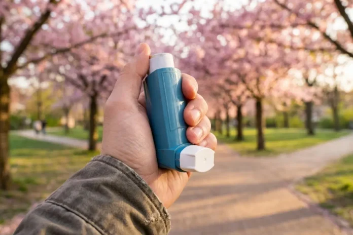 Hand hält Asthma-Inhalator während der Allergiezeit im Frühling mit blühenden Bäumen im Hintergrund