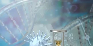 Symbolbild zu Post-Covid in Österreich mit Virusdarstellung und Sanduhr als Zeichen für lange Krankheitsdauer