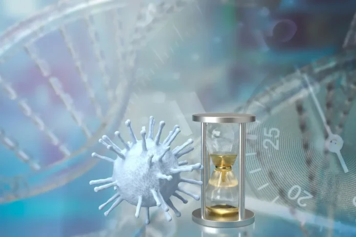 Symbolbild zu Post-Covid in Österreich mit Virusdarstellung und Sanduhr als Zeichen für lange Krankheitsdauer