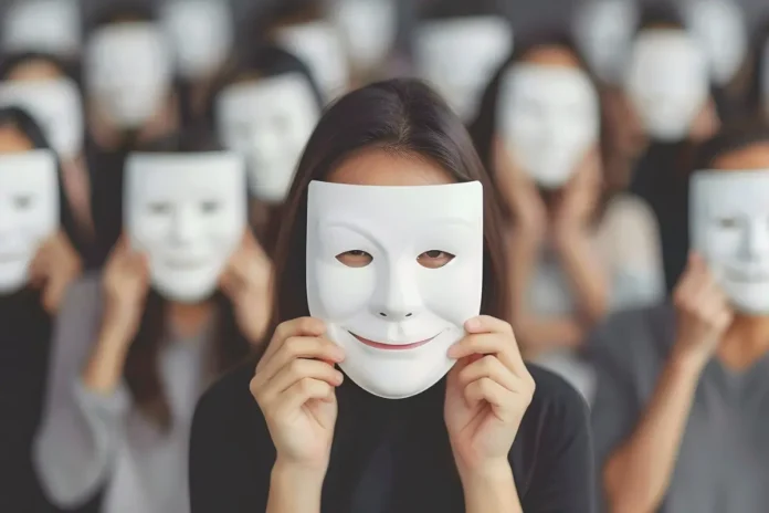 Menschen halten Masken vor ihre Gesichter als Symbol für unterdrückte Emotionen und Toxic Positivity