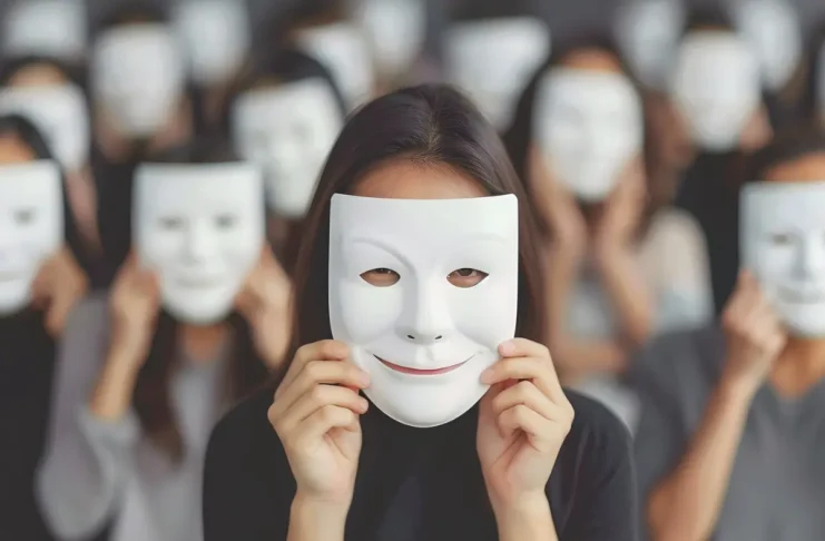 Menschen halten Masken vor ihre Gesichter als Symbol für unterdrückte Emotionen und Toxic Positivity