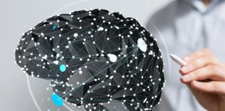 Visualisierung eines Gehirns als vernetztes Modell zur Darstellung von Demenzforschung und Tau-Protein-Veränderungen
