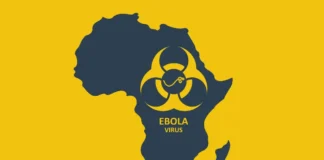 Grafik des afrikanischen Kontinents mit Ebola-Symbol zum aktuellen Ebola-Ausbruch in Afrika
