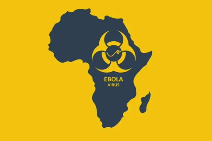 Grafik des afrikanischen Kontinents mit Ebola-Symbol zum aktuellen Ebola-Ausbruch in Afrika