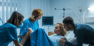 Geburtsszene in einem Krankenhaus als Symbolbild für Forschung zu Geburtskomplikationen bei Menschen und Säugetieren