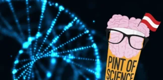 Grafik zum Wissenschaftsfestival „Pint of Science“ mit DNA-Struktur und Bierglas-Motiv