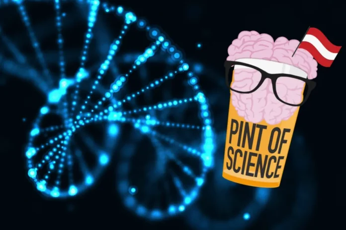Grafik zum Wissenschaftsfestival „Pint of Science“ mit DNA-Struktur und Bierglas-Motiv
