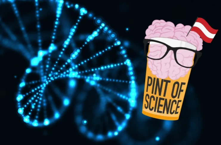 Grafik zum Wissenschaftsfestival „Pint of Science“ mit DNA-Struktur und Bierglas-Motiv