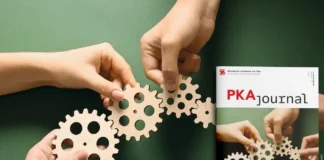 Titelbild des PKA Journals zum Thema Team-Dynamik in der Apotheke mit ineinandergreifenden Zahnrädern und mehreren Händen