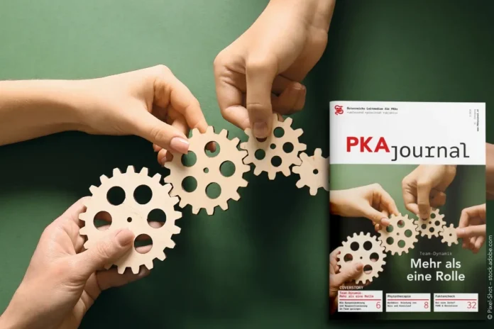 Titelbild des PKA Journals zum Thema Team-Dynamik in der Apotheke mit ineinandergreifenden Zahnrädern und mehreren Händen