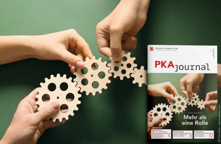 Titelbild des PKA Journals zum Thema Team-Dynamik in der Apotheke mit ineinandergreifenden Zahnrädern und mehreren Händen