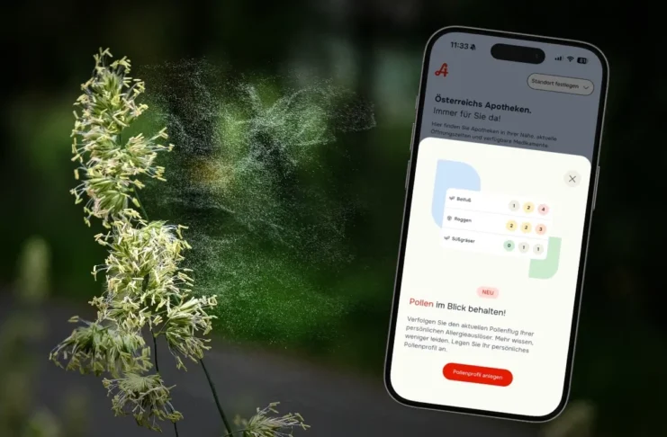 Smartphone mit ApoApp und aktuellem Pollenflug während der Gräserpollensaison