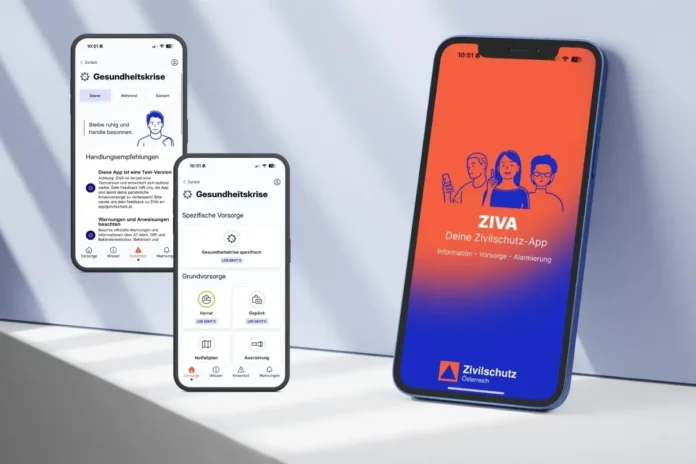 Smartphones mit der Zivilschutz-App ZIVA für Warnmeldungen und Krisenvorsorge in Österreich