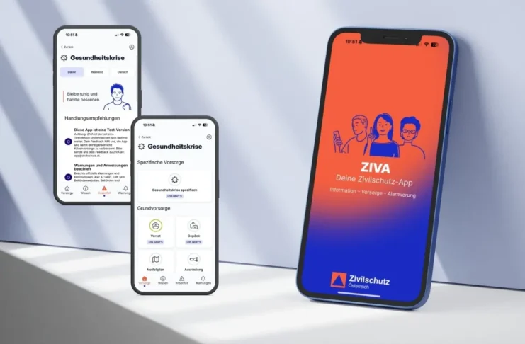 Smartphones mit der Zivilschutz-App ZIVA für Warnmeldungen und Krisenvorsorge in Österreich