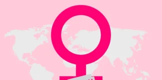 Symbolbild zum Internationalen Tag gegen weibliche Genitalverstümmelung (FGM/C) mit weiblichem Symbol und Rasierklinge vor Weltkarte