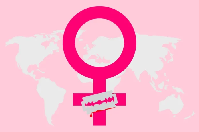 Symbolbild zum Internationalen Tag gegen weibliche Genitalverstümmelung (FGM/C) mit weiblichem Symbol und Rasierklinge vor Weltkarte