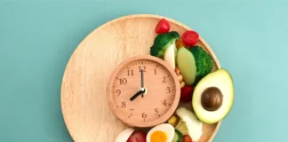 Teller mit Uhr und Lebensmitteln als Symbol für ein frühes Abendessen und verlängertes nächtliches Fasten