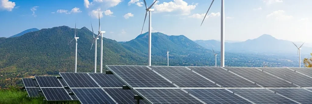 Photovoltaikanlage und Windräder als Symbol für erneuerbare Energien und Energieeffizienz in Apotheken.