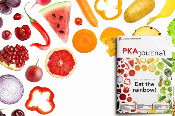 Titelbild der Ausgabe PKAjournal 6/2026 mit verschiedenen Obst- und Gemüsesorten zum Schwerpunktthema Ernährung und „Eat the rainbow!“