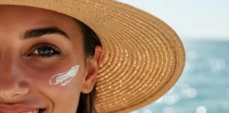 Frau mit Sonnenhut und Sonnencreme im Gesicht als Symbolbild für Sonnenschutz, Hauttypbestimmung und Hautkrebsprävention