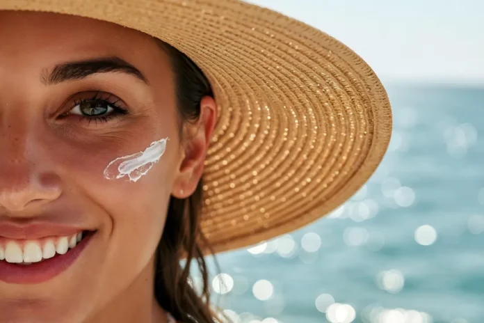 Frau mit Sonnenhut und Sonnencreme im Gesicht als Symbolbild für Sonnenschutz, Hauttypbestimmung und Hautkrebsprävention
