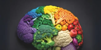 Illustration eines Gehirns aus verschiedenem Gemüse als Symbol für Ernährung bei neurodegenerativen Erkrankungen.