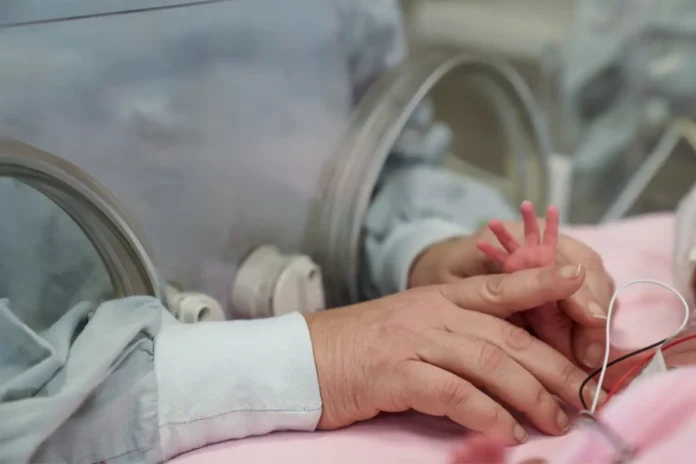Frühgeborenes in einem Inkubator auf einer Neonatalstation mit der Hand einer Betreuungsperson.