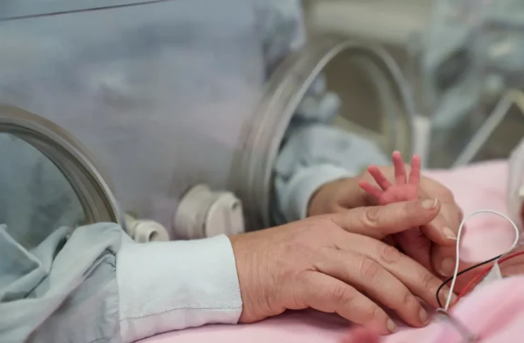 Frühgeborenes in einem Inkubator auf einer Neonatalstation mit der Hand einer Betreuungsperson.