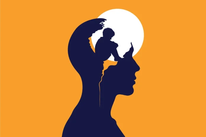 Kindheitstrauma: Silhouette eines Kopfes mit einem Kind im Inneren als Symbol für die langfristigen Folgen früher Traumata.