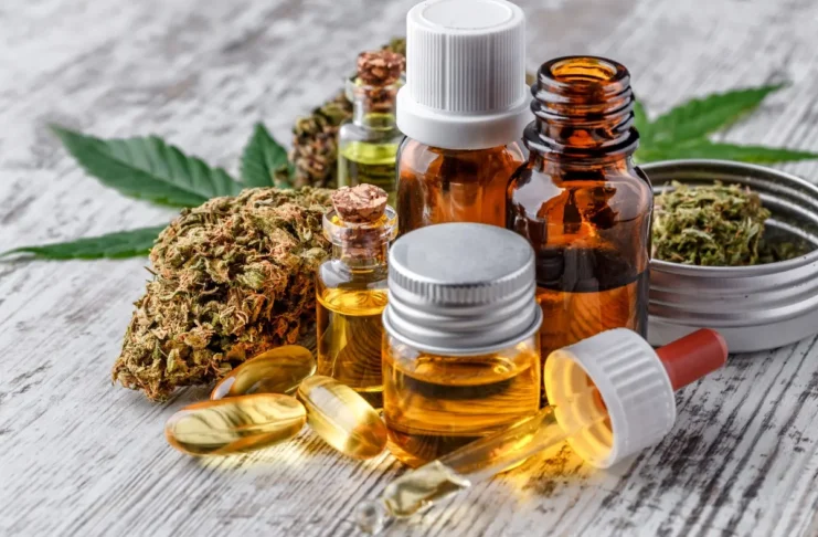 Medizinalcannabis mit Cannabisblüten, Ölfläschchen und Kapseln als Symbolbild für eine Studie zu cannabisbedingten Spitalsaufnahmen in Deutschland.