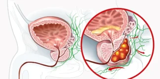 Schematische Darstellung eines Prostatakarzinoms mit Ausbreitung in der Prostata und Lymphbahnen.