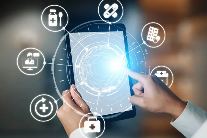Illustration zu den Themen des STADA Health Report 2026 mit digitalen Gesundheitsanwendungen, Künstlicher Intelligenz und Gesundheitsversorgung.