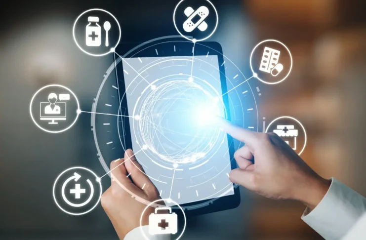 Illustration zu den Themen des STADA Health Report 2026 mit digitalen Gesundheitsanwendungen, Künstlicher Intelligenz und Gesundheitsversorgung.