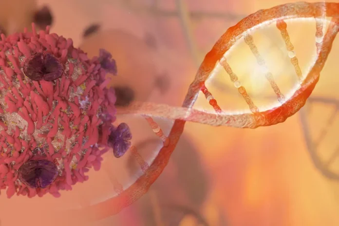 DNA-Doppelhelix und Krebszelle als Symbol für familiären Brust- und Eierstockkrebs