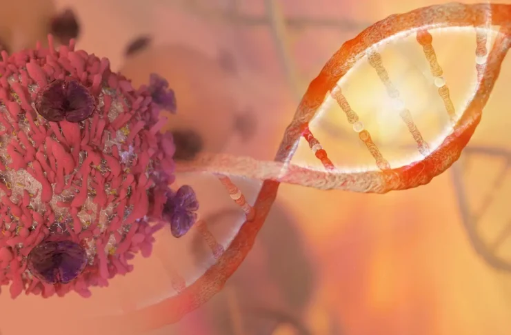 DNA-Doppelhelix und Krebszelle als Symbol für familiären Brust- und Eierstockkrebs