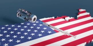 Impfstoff und Spritze auf einer Karte der USA in US-Farben