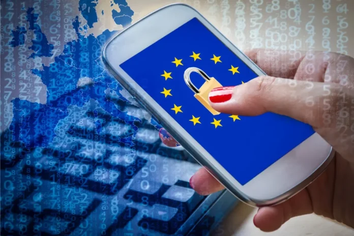 EU-Symbolik auf einem Smartphone mit Vorhängeschloss als Symbol für den EU KIDS Act und den Schutz Minderjähriger in sozialen Medien