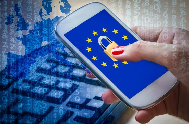 EU-Symbolik auf einem Smartphone mit Vorhängeschloss als Symbol für den EU KIDS Act und den Schutz Minderjähriger in sozialen Medien